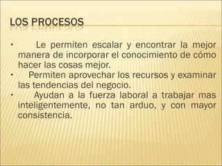 Le permiten escalar y encontrar la mejor manera de incorporar el conocimiento de cómo hacer las cosas mejor. Permiten aprovechar los recursos y examinar las tendencias del negocio. Ayudan a la fuerza laboral a trabajar mas inteligentemente, no tan arduo, y con mayor consistencia. 