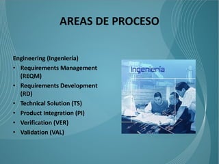 AREAS DE PROCESO

Engineering (Ingeniería)
• Requirements Management
  (REQM)
• Requirements Development
  (RD)
• Technical Solution (TS)
• Product Integration (PI)
• Verification (VER)
• Validation (VAL)
 