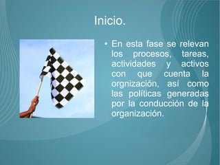 Inicio.
  ●   En esta fase se relevan
      los procesos, tareas,
      actividades y activos
      con que cuenta la
      orgnización, así como
      las políticas generadas
      por la conducción de la
      organización.
 