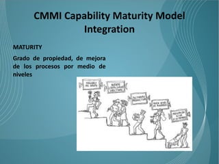 CMMI Capability Maturity Model
              Integration
MATURITY
Grado de propiedad, de mejora
de los procesos por medio de
niveles
 