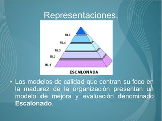 Representaciones.




●   Los modelos de calidad que centran su foco en
    la madurez de la organización presentan un
    modelo de mejora y evaluación denominado
    Escalonado.
 