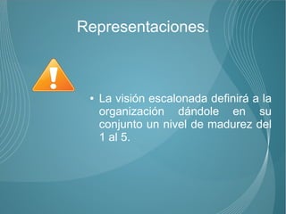 Representaciones.



 ●   La visión escalonada definirá a la
     organización dándole en su
     conjunto un nivel de madurez del
     1 al 5.
 