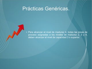 Prácticas Genéricas.



 ●   Para alcanzar el nivel de madurez 4, todas las áreas de
     proceso asignadas a los niveles de madurez 2, 3 y 4,
     deben alcanzar el nivel de capacidad 3 o superior.
 