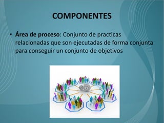 COMPONENTES
• Área de proceso: Conjunto de practicas
  relacionadas que son ejecutadas de forma conjunta
  para conseguir un conjunto de objetivos
 