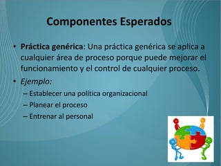 Componentes Esperados
• Práctica genérica: Una práctica genérica se aplica a
  cualquier área de proceso porque puede mejorar el
  funcionamiento y el control de cualquier proceso.
• Ejemplo:
  – Establecer una política organizacional
  – Planear el proceso
  – Entrenar al personal
 