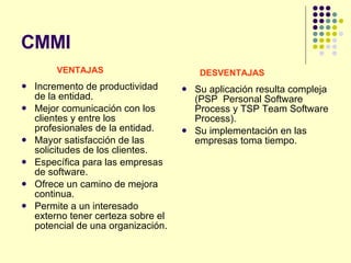 CMMI Incremento de productividad de la entidad. Mejor comunicación con los clientes y entre los profesionales de la entidad. Mayor satisfacción de las solicitudes de los clientes. Específica para las empresas de software. Ofrece un camino de mejora continua. Permite a un interesado externo tener certeza sobre el potencial de una organización. Su aplicación resulta compleja  (PSP  Personal Software Process y TSP Team Software Process). Su implementación en las empresas toma tiempo. VENTAJAS DESVENTAJAS 