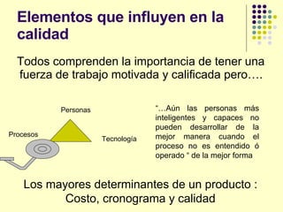 Elementos que influyen en la calidad Todos comprenden la importancia de tener una fuerza de trabajo motivada y calificada pero…. “… Aún las personas más inteligentes y capaces no pueden desarrollar de la mejor manera cuando el proceso no es entendido ó operado “ de la mejor forma Procesos Tecnología Personas Los mayores determinantes de un producto : Costo, cronograma y calidad 