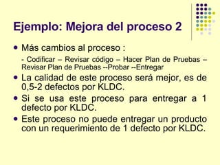 Ejemplo: Mejora del proceso 2 Más cambios al proceso : - Codificar – Revisar código – Hacer Plan de Pruebas –Revisar Plan de Pruebas --Probar --Entregar La calidad de este proceso será mejor, es de 0,5-2 defectos por KLDC. Si se usa este proceso para entregar a 1 defecto por KLDC. Este proceso no puede entregar un producto con un requerimiento de 1 defecto por KLDC. 