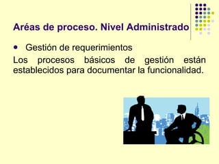 Aréas de proceso. Nivel Administrado   Gestión de requerimientos Los procesos básicos de gestión están establecidos para documentar la funcionalidad. 