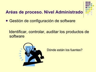 Aréas de proceso. Nivel Administrado Gestión de configuración de software Identificar, controlar, auditar los productos de software Dónde están los fuentes? 