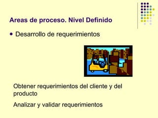 Areas de proceso. Nivel Definido Desarrollo de requerimientos Obtener requerimientos del cliente y del producto Analizar y validar requerimientos 
