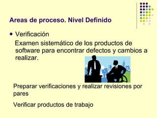 Areas de proceso. Nivel Definido Verificación Examen sistemático de los productos de software para encontrar defectos y cambios a realizar.  Preparar verificaciones y realizar revisiones por pares Verificar productos de trabajo 