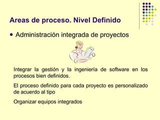 Areas de proceso. Nivel Definido Administración integrada de proyectos Integrar la gestión y la ingeniería de software en los procesos bien definidos. El proceso definido para cada proyecto es personalizado de acuerdo al tipo Organizar equipos integrados 