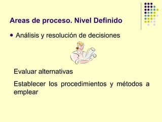 Areas de proceso. Nivel Definido Análisis y resolución de decisiones Evaluar alternativas Establecer los procedimientos y métodos a emplear 