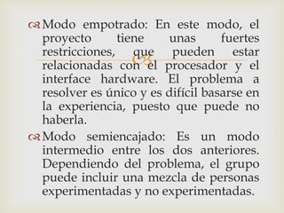 
Modo empotrado: En este modo, el
proyecto tiene unas fuertes
restricciones, que pueden estar
relacionadas con el procesador y el
interface hardware. El problema a
resolver es único y es difícil basarse en
la experiencia, puesto que puede no
haberla.
Modo semiencajado: Es un modo
intermedio entre los dos anteriores.
Dependiendo del problema, el grupo
puede incluir una mezcla de personas
experimentadas y no experimentadas.
 