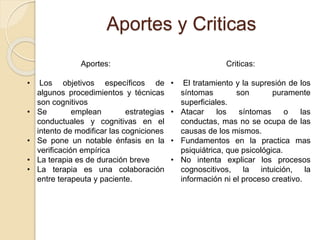 Aportes y Criticas
Aportes:
• Los objetivos específicos de
algunos procedimientos y técnicas
son cognitivos
• Se emplean estrategias
conductuales y cognitivas en el
intento de modificar las cogniciones
• Se pone un notable énfasis en la
verificación empírica
• La terapia es de duración breve
• La terapia es una colaboración
entre terapeuta y paciente.
Criticas:
• El tratamiento y la supresión de los
síntomas son puramente
superficiales.
• Atacar los síntomas o las
conductas, mas no se ocupa de las
causas de los mismos.
• Fundamentos en la practica mas
psiquiátrica, que psicológica.
• No intenta explicar los procesos
cognoscitivos, la intuición, la
información ni el proceso creativo.
 