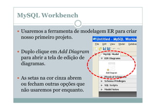 MySQL Workbench
Usaremos a ferramenta de modelagem ER para criar
nosso primeiro projeto.
Duplo clique em Add Diagram
para abrir a tela de edição de
diagramas.
As setas na cor cinza abrem
ou fecham outras opções que
não usaremos por enquanto.

 
