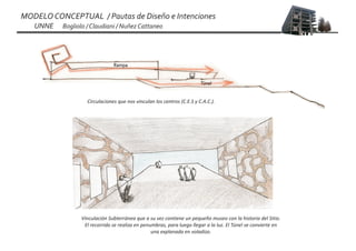 MODELO CONCEPTUAL / Pautas de Diseño e Intenciones
   UNNE   Bogliolo / Claudiani / Nuñez Cattaneo




                               Rampa


                                                                        Túnel


                   Circulaciones que nos vinculan los centros (C.E.S y C.A.C.).




                Vinculación Subterránea que a su vez contiene un pequeño museo con la historia del Sitio.
                 El recorrido se realiza en penumbras, para luego llegar a la luz. El Túnel se convierte en
                                                una explanada en voladizo.
 