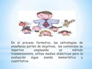 En el proceso formativo, las estrategias de
enseñanza parten de objetivos, los contenidos se
imparten        empleando         un       método
transmisionista, utiliza medios didácticos pero la
evaluación    sigue     siendo   memorística     y
cuantitativa.
 