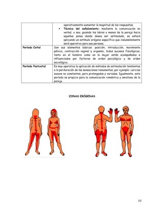 operativamente aumentar la magnitud de las respuestas.
                             Técnica del señalamiento: mediante la comunicación no
                             verbal, o sea, guiando los labios o manos de la pareja hacia
                             aquellas zonas donde desea ser estimulado, se estará
                             aplicando un estímulo erógeno específico que indudablemente
                             será operativo para esa persona.
Período Coital       Son sus elementos básicos: posición, introducción, movimiento
                     pélvico, contracción vaginal y orgasmo, todos sucesos fisiológicos,
                     tanto en el hombre como en la mujer están acompañados e
                     influenciados por factores de orden psicológico y de orden
                     sociológico.
Período Postcoital   Es muy operativo la aplicación de métodos de estimulación tendientes
                     a la perduración de las sensaciones remanentes, por ejemplo: caricias
                     suaves no constantes, pero prolongadas y variadas. Igualmente, este
                     período es propicio para la comunicación romántica y amistosa de la
                     pareja.




                                ZONAS ERÓGENAS




                                                                                        10
 
