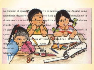 Lo contrario al aprendizaje significativo es definido por David Ausubel como
aprendizaje Mecánico o Memorístico, este hace que la nueva información no se
vincule con la moción de la estructura cognitiva, dando lugar a una acumulación
absurda, ya que el aprendizaje no es el optimo.
Un ejemplo claro de esto, se da en el ámbito escolar, cuando los alumnos se
apresuran a memorizar datos para alguna evaluación.
Ausubel no trata de hacer una división del aprendizaje, al contrario hace
referencia que el aprendizaje puede ser rigurosamente significativo y
Memorístico, aunque el memorístico solamente sería fundamental en
determinadas etapas del crecimiento intelectual.
 
