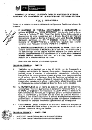 e
PERÚ
Ministerio
de Vivienda, Construcción
y Saneamiento
CONVENIO DE ENCARGO DE GESTIÓN ENTRE EL MINISTERIO DE VIVIENDA,
...