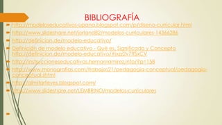 BIBLIOGRAFÍA
 http://modeloseducativos-upana.blogspot.com/p/diseno-curricular.html
 http://www.slideshare.net/jorland82/modelos-curriculares-14366286
 http://definicion.de/modelo-educativo/
 Definición de modelo educativo - Qué es, Significado y Concepto
http://definicion.de/modelo-educativo/#ixzz2v7ffSxCV
 http://instruccioneseducativas.hernanramirez.info/?p=158
 http://www.monografias.com/trabajos21/pedagogia-conceptual/pedagogia-
conceptual.shtml
 http://almitarfeyes.blogspot.com/
 http://www.slideshare.net/LEMBRINO/modelos-curriculares

 