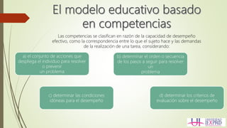 Las competencias se clasifican en razón de la capacidad de desempeño
efectivo, como la correspondencia entre lo que el sujeto hace y las demandas
de la realización de una tarea, considerando:
a) el conjunto de acciones que
despliega el individuo para resolver
o prevenir
un problema
b) determinar el orden o secuencia
de los pasos a seguir para resolver
un
problema
c) determinar las condiciones
idóneas para el desempeño
d) determinar los criterios de
evaluación sobre el desempeño
 