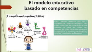 Como ejemplo podemos citar las 5
competencias cognitivas del alumno para
saber cuales son las características que
debemos de tomar en cuenta para
entender de forma efectiva los elementos
necesarios en el alumno para incentivar y
dirigir los conocimientos del alumno.
 