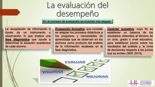 En el proceso de evaluación se incluirán tres etapas:
La recopilación de información a
través de un instrumento u
observación, lo que implica una
fase diagnóstica que ayuda a
determinar la situación académica
de cada alumno.
Evaluación formativa, que consiste
en adaptar los procesos didácticos a
los progresos y necesidades de
aprendizaje que se observan en los
alumnos como producto del análisis
de la información recabada en la
fase diagnóstica.
Carácter sumativo, cuyo fin es
establecer un balance de los
resultados obtenidos al término de
un ciclo, grado o nivel educativo,
para establecer juicios sobre los
resultados del análisis y, la toma
de decisiones respecto a los juicios
que se emiten (SEP, 2010).
 
