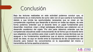 Bajo las lecturas realizadas en esta actividad podemos concluir que, el
conocimiento es un instrumento de sumo valor con el que cuenta la humanidad,
debido a que brinda las oportunidades necesarias que se crean en las
competencias cognitivas que desarrolla el alumno en todas las etapas, de esta
forma podemos entender que el docente tiene un papel fundamental para
desarrollar, incentivar, crear y dirigir estrategias efectivas que colaboren con el
desarrollo académico del sujeto. Por otra parte debemos entender que las
competencias educativas están evolucionando de tal forma que el docente tiene
que adaptarse a los cambios para crear a partir de esto nuevas técnicas que se
apeguen a los fundamentos académicos que el alumno comprenderá en las
aulas de clase, es aquí en donde entra la importancia de las competencias del
docente para traducir los conocimientos en la especialidad del mismo y
transmitirlos de forma asertiva al alumno.
 