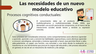 Procesos cognitivos conductuales:
Estos procesos son considerados entonces, como comportamientos socio afectivos (aprender
a aprender, aprender a ser y convivir) las habilidades cognoscitivas y socio afectivas (aprender
a conocer), psicológicas, sensoriales y motoras (aprender a hacer), que permitan llevar a cabo,
adecuadamente, un papel, una función, una actividad o una tarea donde la evaluación se
transforme en una herramienta que procure la mejora del educando y del proceso educativo
en general, en vez de ser un mecanismo de medición y de castigo.
El conocimiento debe ser el producto de contenidos
multidisciplinarios y multidimensionales (Frade, 2009), que
demanden una acción personal de compromiso, en el marco de las
interacciones sociales donde tienen y tendrán su expresión
concreta.
 