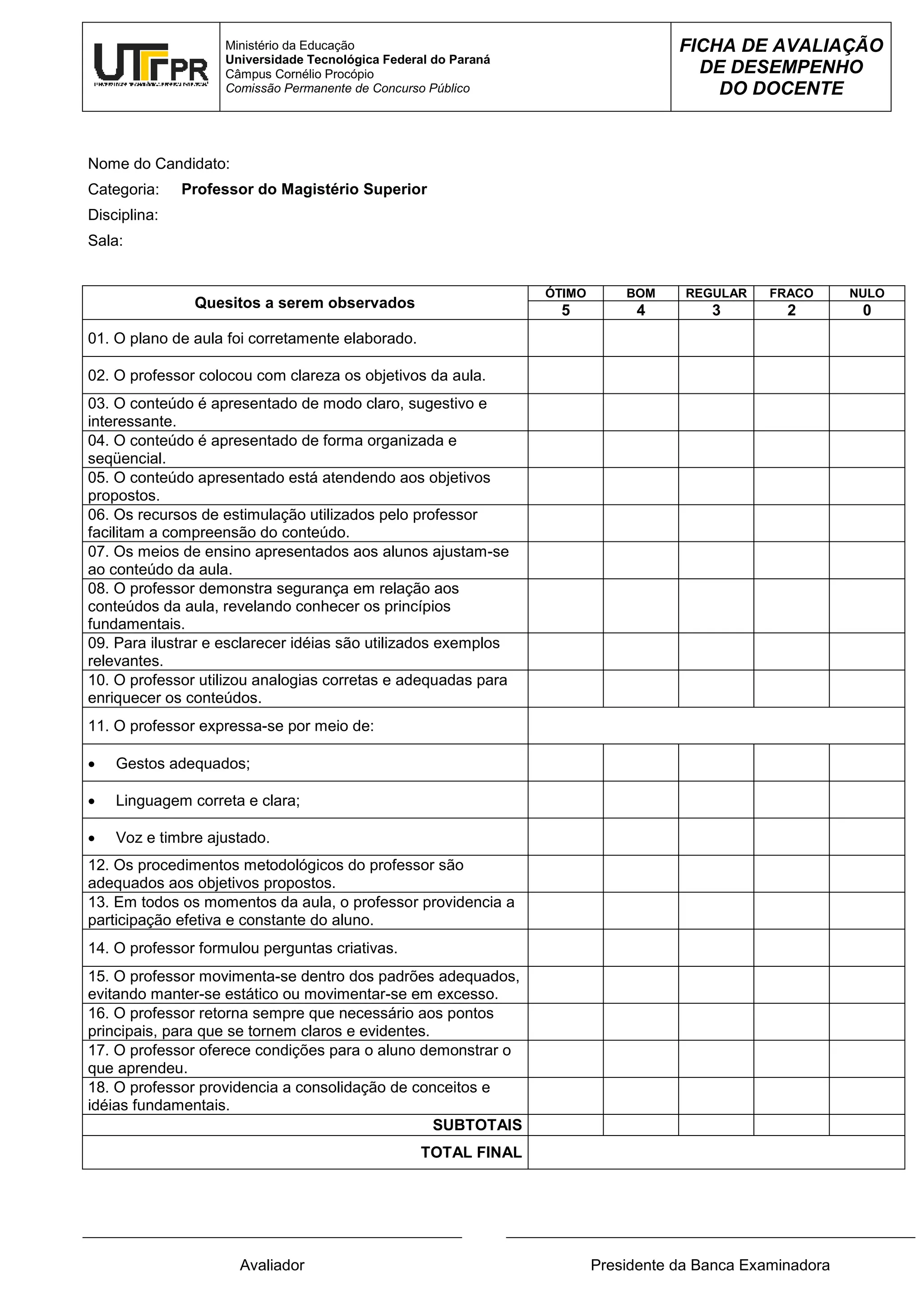 Modelo da ficha de avaliacao didatica | PDF