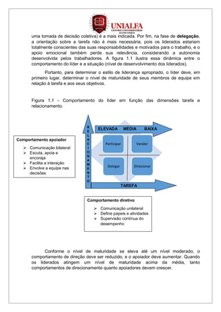 uma tomada de decisão coletiva) é a mais indicada. Por fim, na fase de delegação,
a orientação sobre a tarefa não é mais necessária, pois os liderados estariam
totalmente conscientes das suas responsabilidades e motivados para o trabalho, e o
apoio emocional também perde sua relevância, considerando a autonomia
desenvolvida pelos trabalhadores. A figura 1.1 ilustra essa dinâmica entre o
comportamento do líder e a situação (nível de desenvolvimento dos liderados).
Portanto, para determinar o estilo de liderança apropriado, o líder deve, em
primeiro lugar, determinar o nível de maturidade de seus membros de equipe em
relação à tarefa e aos seus objetivos.
Figura 1.1 - Comportamento do líder em função das dimensões tarefa e
relacionamento.
Conforme o nível de maturidade se eleva até um nível moderado, o
comportamento de direção deve ser reduzido, e o apoiador deve aumentar. Quando
os liderados atingem um nível de maturidade acima da média, tanto
comportamentos de direcionamento quanto apoiadores devem crescer.
Participar Vender
Delegar Direcionar
Comportamento diretivo
 Comunicação unilateral
 Define papeis e atividades
 Supervisão contínua do
desempenho
Comportamento apoiador
 Comunicação bilateral
 Escuta, apoia e
encoraja
 Facilita a interação
 Envolve a equipe nas
decisões
ELEVADA MÉDIA BAIXA
TAREFA
R
E
L
A
C
I
O
N
A
M
E
N
T
O
 
