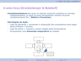Complementadores  dos quais os clientes compram produtos ou serviços complementares, ou para os quais fornecedores vendem recursos complementares (Ex.:  Médico e Farmácias ) Estratégias de Ação: Lado da demanda > aumentam a disposição dos compradores para pagar pelos produtos / serviços Lado da oferta > reduzem o preço exigido pelos fornecedores Acrescentam uma  dimensão cooperativa  ao modelo :: modelo das forças competitivas  