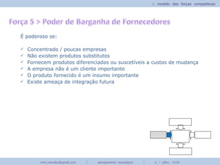 :: modelo das forças competitivas




É poderoso se:

   Concentrado / poucas empresas
   Não existem produtos substitutos
   Fornecem produtos diferenciados ou suscetíveis a custos de mudança
   A empresa não é um cliente importante
   O produto fornecido é um insumo importante
   Existe ameaça de integração futura




         nino.carvalho@gmail.com   |   planejamento estratégico   |    rj – julho, 2008
 