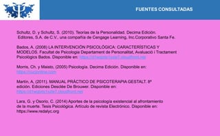 Schultz, D. y Schultz, S. (2010). Teorías de la Personalidad. Decima Edición.
Editores, S.A. de C.V., una compañía de Cengage Learning, Inc.Corporativo Santa Fe.
Bados, A. (2008) LA INTERVENCIÓN PSICOLÓGICA: CARACTERÍSTICAS Y
MODELOS. Facultat de Psicologia Departament de Personalitat, Avaluació i Tractament
Psicològics Bados. Disponible en: https://d1wqtxts1xzle7.cloudfront.net
Morris, Ch. y Maisto, (2005) Psicología. Decima Edición. Disponible en:
https://cucjonline.com
Martín, A, (2011). MANUAL PRÁCTICO DE PSICOTERAPIA GESTALT. 8ª
edición. Ediciones Desclée De Brouwer. Disponible en:
https://d1wqtxts1xzle7.cloudfront.net
Lara, G. y Osorio, C. (2014) Aportes de la psicología existencial al afrontamiento
de la muerte. Tesis Psicológica. Artículo de revista Electrónico. Disponible en:
https://www.redalyc.org
 