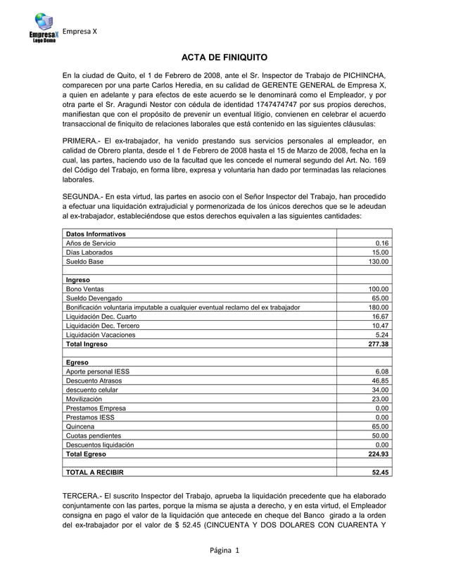 Modelo de acta de finiquito | PDF