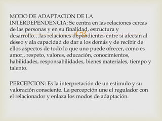 
MODO DE ADAPTACION DE LA
INTERDEPENDENCIA: Se centra en las relaciones cercas
de las personas y en su finalidad, estructura y
desarrollo…las relaciones dependientes entre si afectan al
deseo y ala capacidad de dar a los demás y de recibir de
ellos aspectos de todo lo que uno puede ofrecer, como es
amor,, respeto, valores, educación, conocimientos,
habilidades, responsabilidades, bienes materiales, tiempo y
talento.
PERCEPCION: Es la interpretación de un estimulo y su
valoración consciente. La percepción une el regulador con
el relacionador y enlaza los modos de adaptación.
 