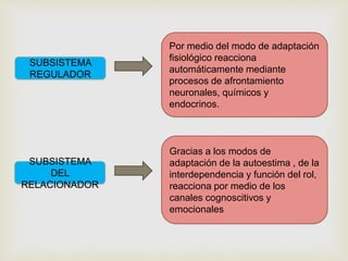 SUBSISTEMA
REGULADOR
Por medio del modo de adaptación
fisiológico reacciona
automáticamente mediante
procesos de afrontamiento
neuronales, químicos y
endocrinos.
SUBSISTEMA
DEL
RELACIONADOR
Gracias a los modos de
adaptación de la autoestima , de la
interdependencia y función del rol,
reacciona por medio de los
canales cognoscitivos y
emocionales
 
