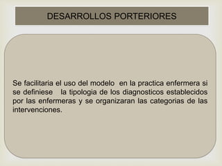 DESARROLLOS PORTERIORES
Se facilitaria el uso del modelo en la practica enfermera si
se definiese la tipologia de los diagnosticos establecidos
por las enfermeras y se organizaran las categorias de las
intervenciones.
 