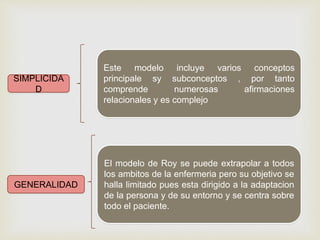 SIMPLICIDA
D
Este modelo incluye varios conceptos
principale sy subconceptos , por tanto
comprende numerosas afirmaciones
relacionales y es complejo
GENERALIDAD
El modelo de Roy se puede extrapolar a todos
los ambitos de la enfermeria pero su objetivo se
halla limitado pues esta dirigido a la adaptacion
de la persona y de su entorno y se centra sobre
todo el paciente.
 