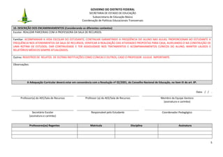 GOVERNO DO DISTRITO FEDERAL
SECRETARIA DE ESTADO DE EDUCAÇÃO
Subsecretaria de Educação Básica
Coordenação de Políticas Educacionais Transversais
5
10. DESCRIÇÃO DOS ENCAMINHAMENTOS (Considerando os diferentes contextos)
Escolar: REALIZAR PARCERIAS COM A PROFESSORA DA SALA DE RECURSOS.
Familiar: ACOMPANHAR A VIDA ESCOLAR DO ESTUDANTE; CONTINUAR GARANTINDO A FREQÜÊNCIA DO ALUNO NAS AULAS; PROPORCIONAR AO ESTUDANTE A
FREQUÊNCIA NOS ATENDIMENTOS DA SALA DE RECURSOS; VERIFICAR A REALIZAÇÃO DAS ATIVIDADES PROPOSTAS PARA CASA, AUXILIANDO-O NA CONSTRUÇÃO DE
UMA ROTINA DE ESTUDOS; DAR CONTINUIDADE E TER ASSIDUIDADE NOS TRATAMENTOS E ACOMPANHAMENTOS CLÍNICOS DO ALUNO; MANTER LAUDOS E
RELATÓRIOS MÉDICOS SEMPRE ATUALIZADOS.
Outros: REGISTROS DE RELATOS DE OUTRAS INSTITUIÇÕES COMO CLÍNICAS E OUTROS, CASO O PROFESSOR JULGUE IMPORTANTE.
Observações:
A Adequação Curricular deverá estar em consonância com a Resolução nº 02/2001, do Conselho Nacional de Educação, no item III do art. 8º.
Data: / / .
Professor(a) do AEE/Sala de Recursos Professor (a) do AEE/Sala de Recursos Membro da Equipe Gestora
(assinatura e carimbo)
Secretário Escolar
(assinatura e carimbo)
Responsável pelo Estudante Coordenador Pedagógico
Professores(as) Regentes Matrícula Disciplina Assinatura
 