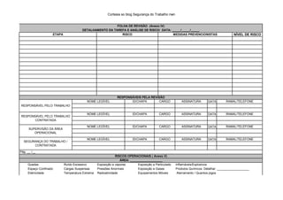 Cortesia so blog Segurança do Trabalho nwn
DATA
DATA
DATA
DATA
Quedas Ruído Excessivo Exposição a vapores Exposição a Particulado Inflamáveis/Explosivos
Espaço Confinado Cargas Suspensas Pressões Anormais Exposição a Gases Produtos Químicos: Detalhar: ___________________
Eletricidade Temperatura Extrema Radioatividade Equipamentos Móveis Aterramento / Quantos jogos
FOLHA DE REVISÃO (Anexo IV)
DETALHAMENTO DA TAREFA E ANÁLISE DE RISCO/ DATA: _____/_____/_____
ETAPA RISCO MEDIDAS PREVENCIONISTAS NÍVEL DE RISCO
RESPONSÁVEIS PELA REVISÃO
RESPONSÁVEL PELO TRABALHO
NOME LEGÍVEL ID/CHAPA CARGO ASSINATURA RAMAL/TELEFONE
RESPONSÁVEL PELO TRABALHO
CONTRATADA
NOME LEGÍVEL ID/CHAPA CARGO ASSINATURA RAMAL/TELEFONE
SUPERVISÃO DA ÁREA
OPERACIONAL
NOME LEGÍVEL ID/CHAPA CARGO ASSINATURA RAMAL/TELEFONE
SEGURANÇA DO TRABALHO /
CONTRATADA
NOME LEGÍVEL ID/CHAPA CARGO ASSINATURA RAMAL/TELEFONE
Pág. __ /__
RISCOS OPERACIONAIS ( Anexo V)
ÁREA: ___________________
 