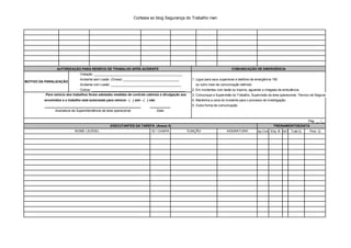 Cortesia so blog Segurança do Trabalho nwn
Violação: _________________________________________________
Acidente sem Lesão (Grave): _______________________________ 1. Ligue para seus superiores e telefone de emergência 192
Acidente com Lesão: _______________________________________ ou outro meio de comunicação definido.
Outros: ____________________________________________________ 2. Em incidentes com lesão ou trauma, aguardar a chegada da ambulância;
3. Comunique a Supervisão do Trabalho, Supervisão da área operacional, Técnico de Segurança
4. Mantenha a cena do incidente para o processo de investigação;
5. Outra forma de comunicação:
Esp.Conf.Etiq. B.Prot.M.Trab.Q. Prev. Q
AUTORIZAÇÃO PARA REINÍCIO DE TRABALHO APÓS ACIDENTE COMUNICAÇÃO DE EMERGÊNCIA
MOTIVO DA PARALIZAÇÃO
Para reinicio dos trabalhos foram adotadas medidas de controle cabíveis e divulgação aos
envolvidos e o trabalho está autorizado para reinicio - ( ) sim - ( ) não
Assinatura da Superintendência da área operacional Data
Pág. __ /__
EXECUTANTES DA TAREFA (Anexo II) TREINAMENTOS/DATA
NOME LEGÍVEL ID / CHAPA FUNÇÃO ASSINATURA
 
