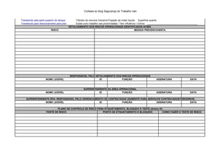 Cortesia so blog Segurança do Trabalho nwn
Transbordo pela parte superior do tanque Trânsito de veículos IndustriaisProjeção de metal líquido Superficie quente
Transbordo para direcionamento para piso Existe outro trabalho nas proximidades / Tem influência na Seg. DesteOutros: ______________________________________
DETALHAMENTO DOS RISCOS OPERACIONAIS IDENTIFICADOS ACIMA
RISCO MEDIDA PREVENCIONISTA
RESPONSÁVEL PELO DETALHAMENTO DOS RISCOS OPERACIONAIS
NOME LEGÍVEL ID FUNÇÃO ASSINATURA DATA
SUPERINTENDENTE DA ÁREA OPERACIONAL
NOME LEGÍVEL ID FUNÇÃO ASSINATURA DATA
SUPERINTENDENTE SPA- RESPONSÁVEL PELO GERENCIAMENTO DE CONTRATADAS (SOMENTE PARA SERVIÇOS CONTRATADOS/TERCEIROS)
NOME LEGÍVEL ID FUNÇÃO ASSINATURA DATA
PLANO DE CONTROLE DE RISCO PARA ETIQUETAMENTO, BLOQUEIO E TESTE (Anexo VI)
FONTE DE RISCO PONTO DE ETIQUETAMENTO E BLOQUEIO COMO FAZER O TESTE DE RISCO
 