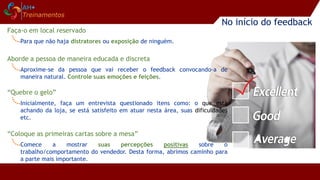 No início do feedback
Para que não haja distratores ou exposição de ninguém.
Faça-o em local reservado
Aproxime-se da pessoa que vai receber o feedback convocando-a de
maneira natural. Controle suas emoções e feições.
Aborde a pessoa de maneira educada e discreta
Inicialmente, faça um entrevista questionado itens como: o que está
achando da loja, se está satisfeito em atuar nesta área, suas dificuldades
etc.
“Quebre o gelo”
Comece a mostrar suas percepções positivas sobre o
trabalho/comportamento do vendedor. Desta forma, abrimos caminho para
a parte mais importante.
“Coloque as primeiras cartas sobre a mesa”
 