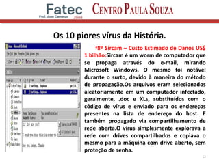 Os 10 piores vírus da História.
•8º Sircam – Custo Estimado de Danos US$
1 bilhão:Sircam é um worm de computador que
se propaga através do e-mail, mirando
Microsoft Windows. O mesmo foi notável
durante o surto, devido à maneira do método
de propagação.Os arquivos eram selecionados
aleatoriamente em um computador infectado,
geralmente, .doc e XLs, substituídos com o
código de vírus e enviado para os endereços
presentes na lista de endereço do host. E
também propagado via compartilhamento de
rede aberta.O vírus simplesmente explorava a
rede com drives compartilhados e copiava o
mesmo para a máquina com drive aberto, sem
proteção de senha.
12
 