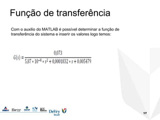 17
Função de transferência
Com o auxilio do MATLAB é possível determinar a função de
transferência do sistema e inserir os valores logo temos:
 