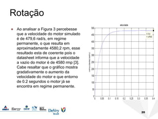 Rotação
 Ao analisar a Figura 3 percebesse
que a velocidade do motor simulado
é de 479,6 rad/s, em regime
permanente, o que resulta em
aproximadamente 4580,2 rpm, esse
resultado esta de coerente pois o
datasheet informa que a velocidade
a vazio do motor é de 4580 rmp [3].
Cabe resaltar que o gráfico mostra
gradativamente o aumento da
velocidade do motor e que entorno
de 0.2 segundos o motor já se
encontra em regime permanente.
20
 